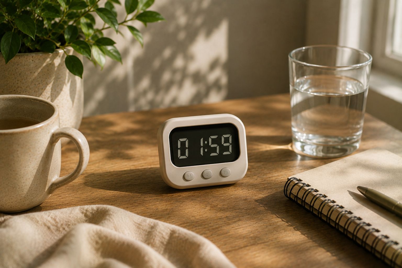 An hourglass beside an open notebook with a 2-minute timer ticking and a habit tracker phone screen