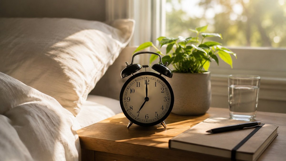 An alarm clock at 6:30am beside a window with morning light, with a wake-time tracker phone screen overlaid