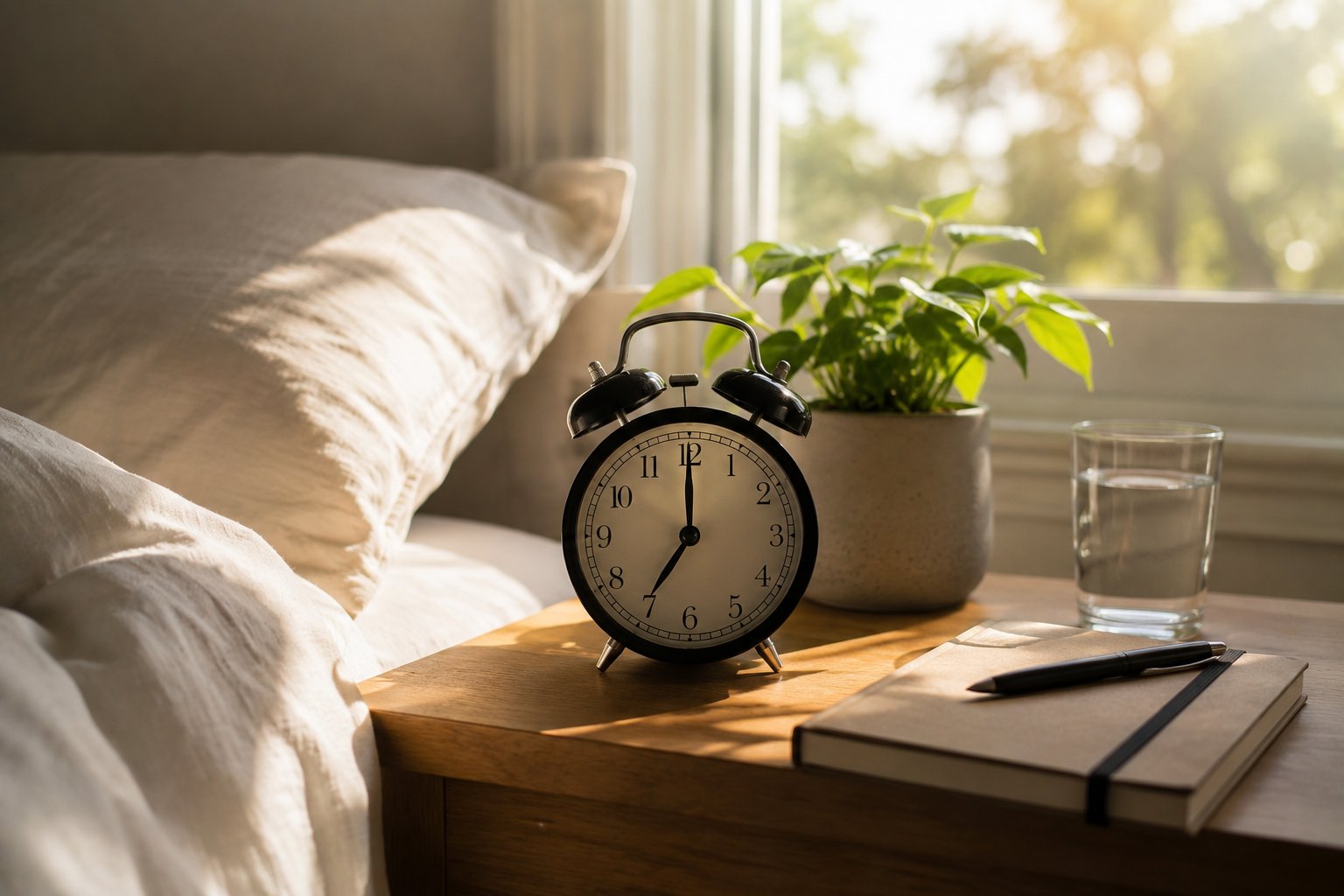 An alarm clock at 6:30am beside a window with morning light, with a wake-time tracker phone screen overlaid