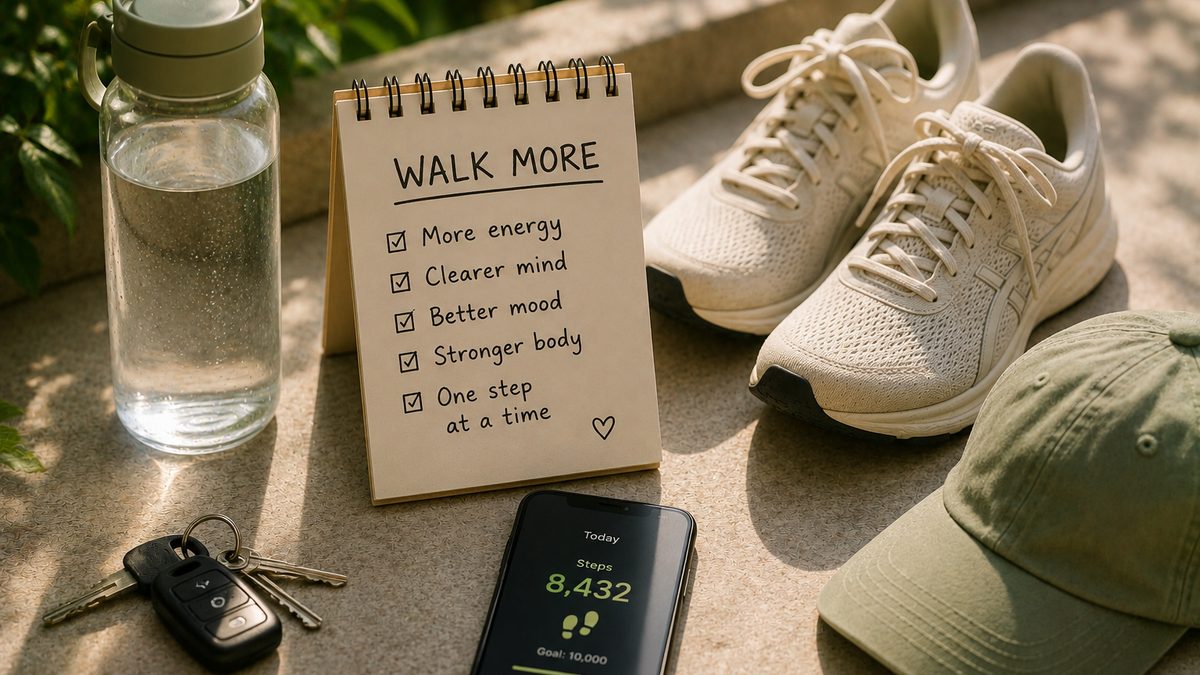 Walking shoes on a path beside a phone showing a steps-per-day tracker