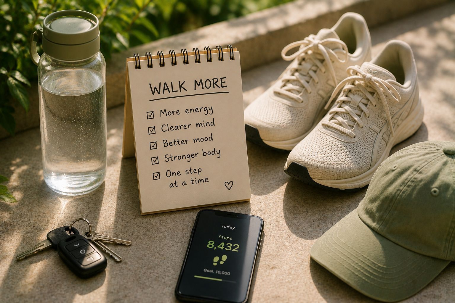 Walking shoes on a path beside a phone showing a steps-per-day tracker