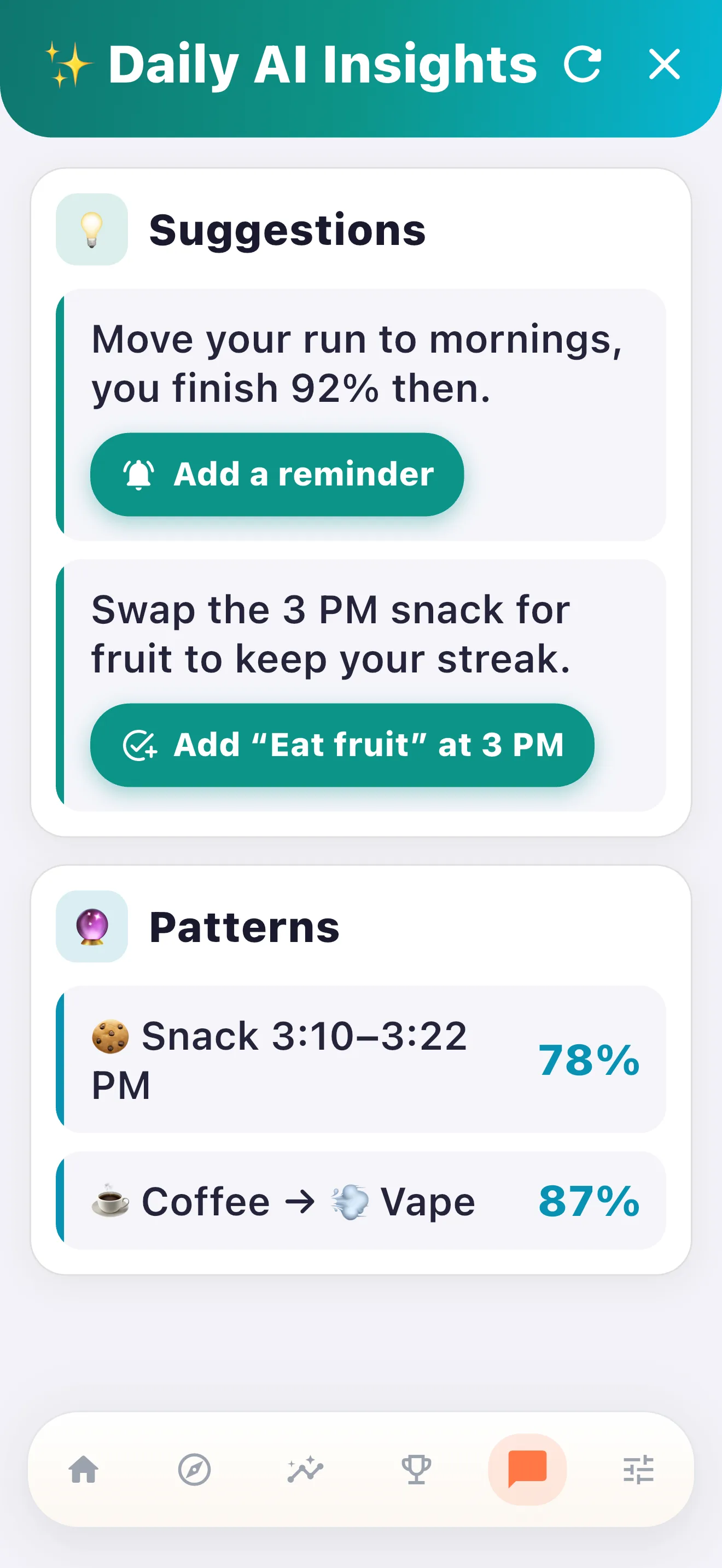 HabitIt AI habit tracker showing personalized daily plan with auto-built targets